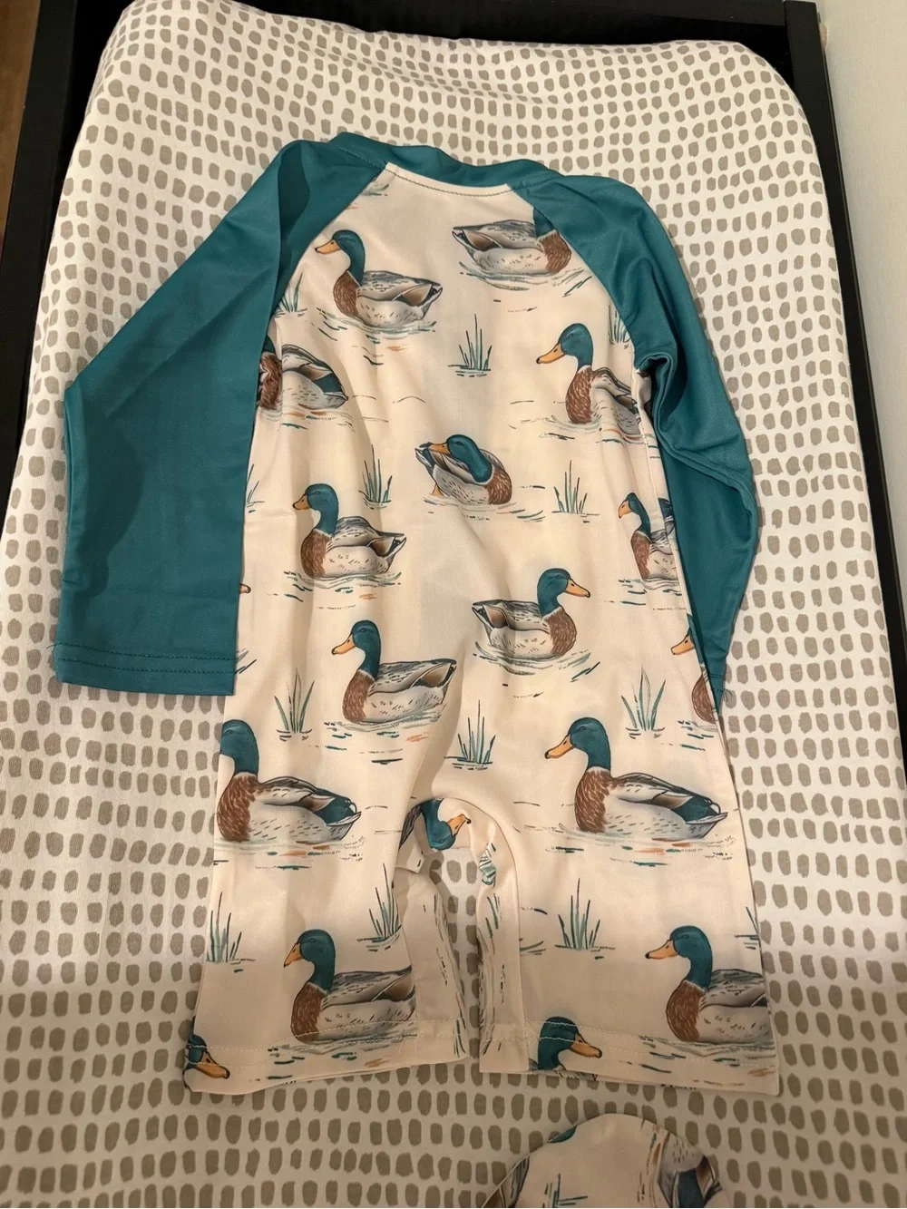 Duck-Print Teal & Cream Kids Rashguard Swimsuit with Sun Hat